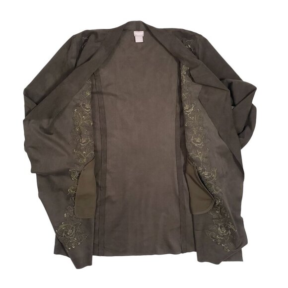 Chico’s Womens Faux Suede Drape Jacket Floral Embroidered Detail Green Size 8/10 - Picture 7 of 10